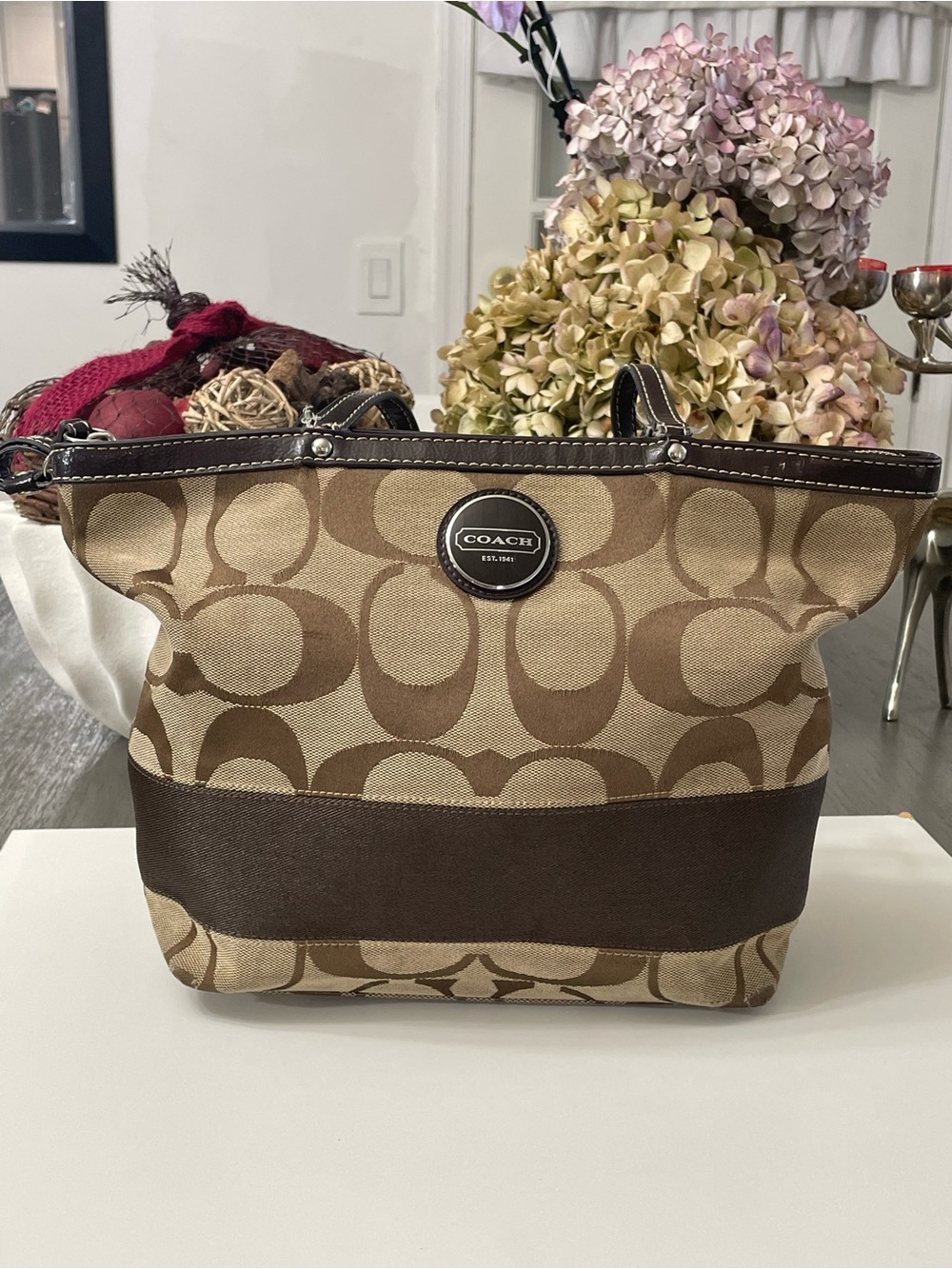 Coach Signature Jacquard Tote Bag Khaki Brown Leather Trim Large